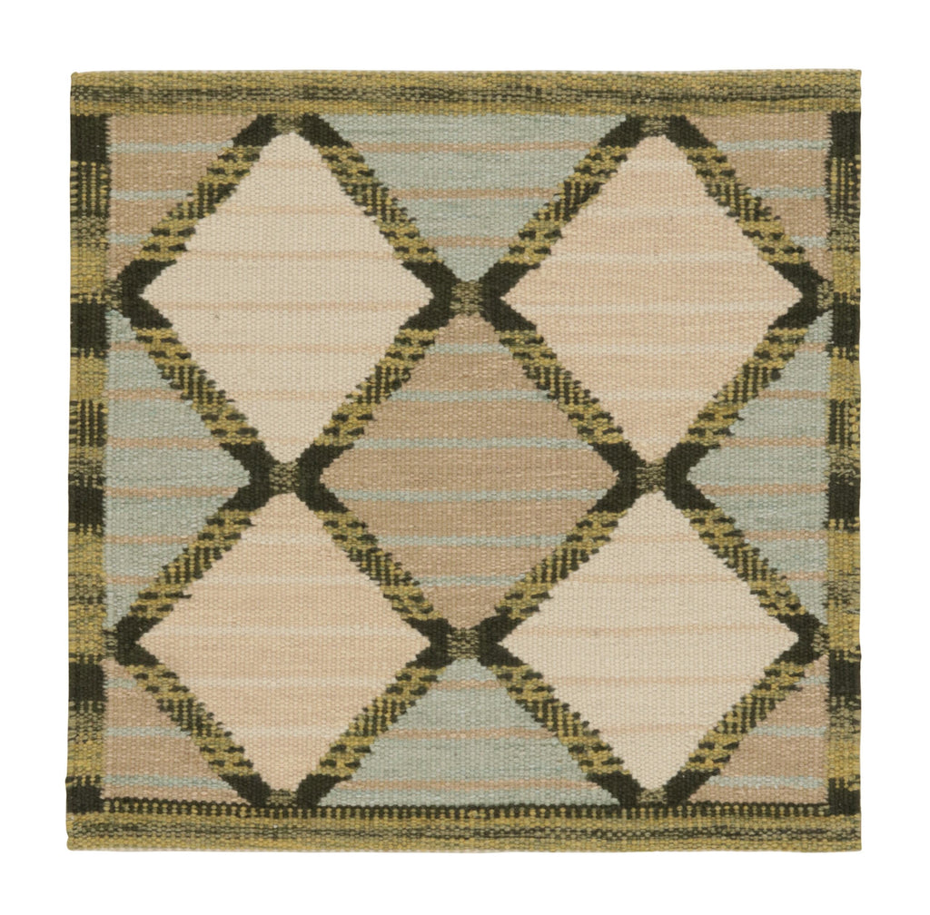 Scandinavian Square Rug In Blue And Beige With Geometric Patterns