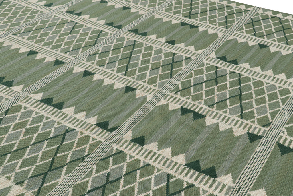 Scandinavian Rug With Geometric Patterns In Green Tones 9x12