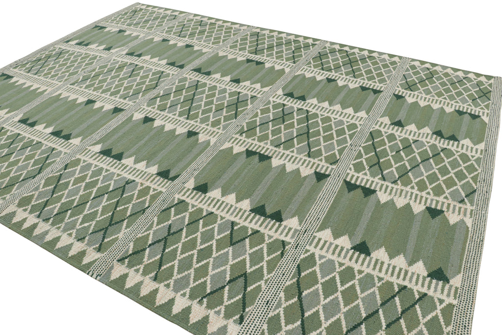 Scandinavian Rug With Geometric Patterns In Green Tones 9x12