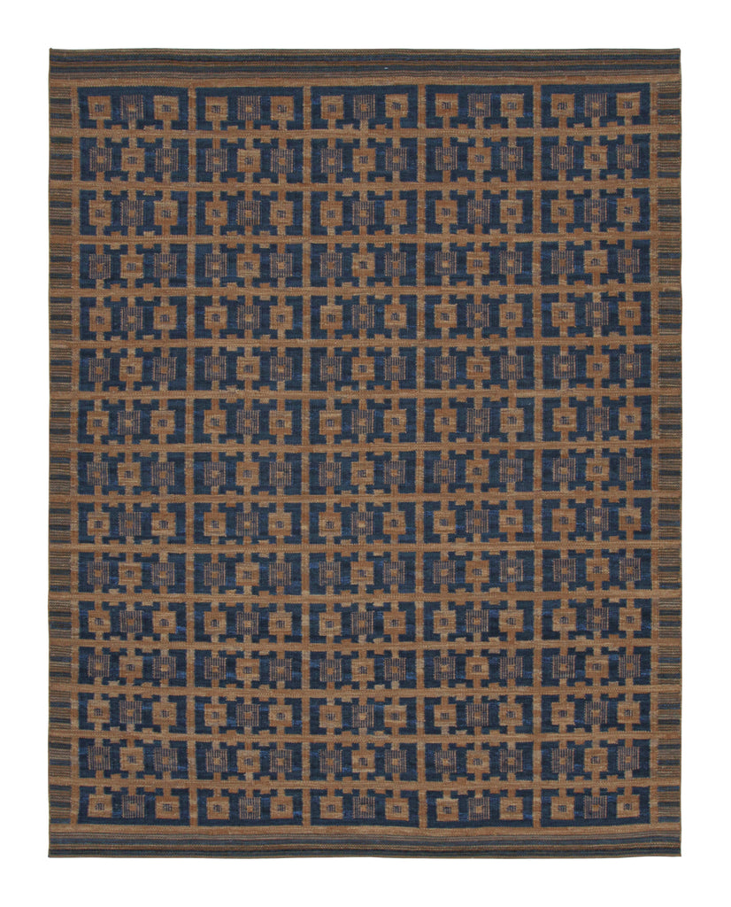 Scandinavian Rug With Navy Blue And Brown Geometric Patterns