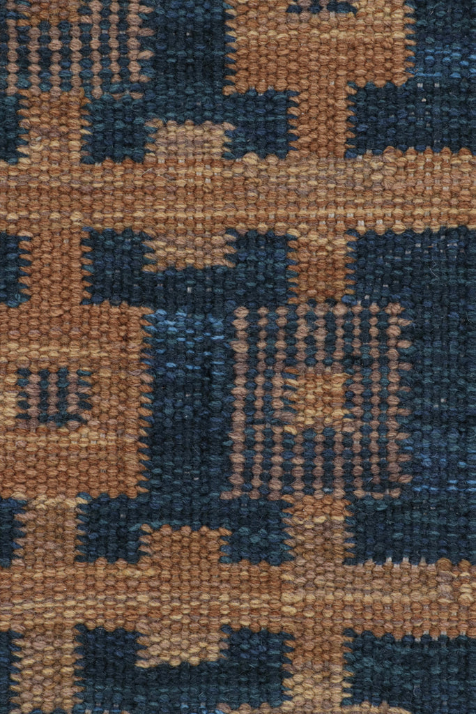 Scandinavian Rug With Navy Blue And Brown Geometric Patterns