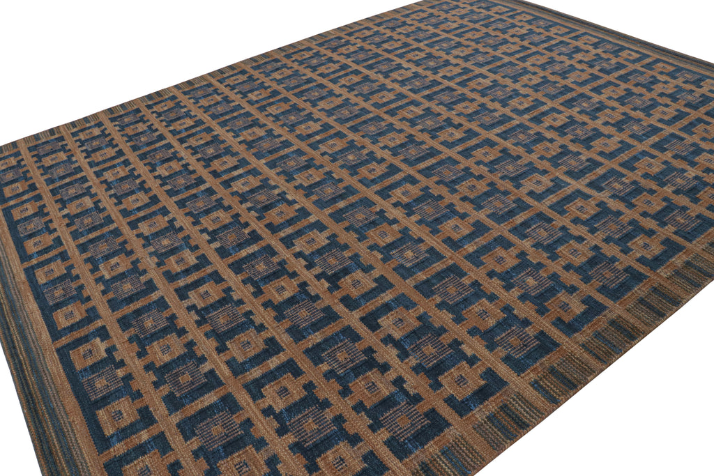 Scandinavian Rug With Navy Blue And Brown Geometric Patterns