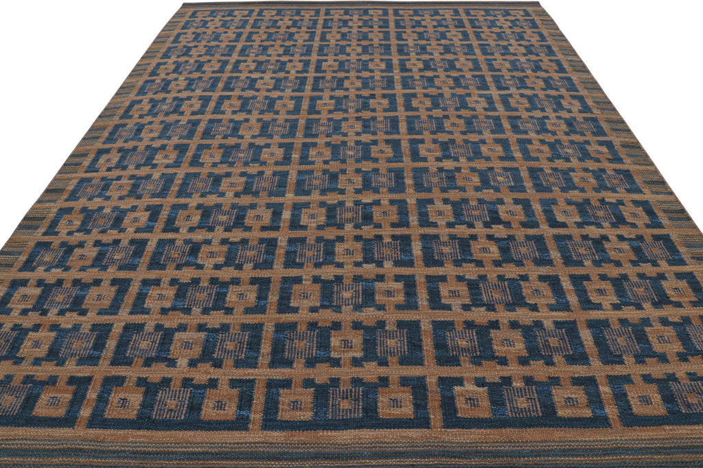 Scandinavian Rug With Navy Blue And Brown Geometric Patterns