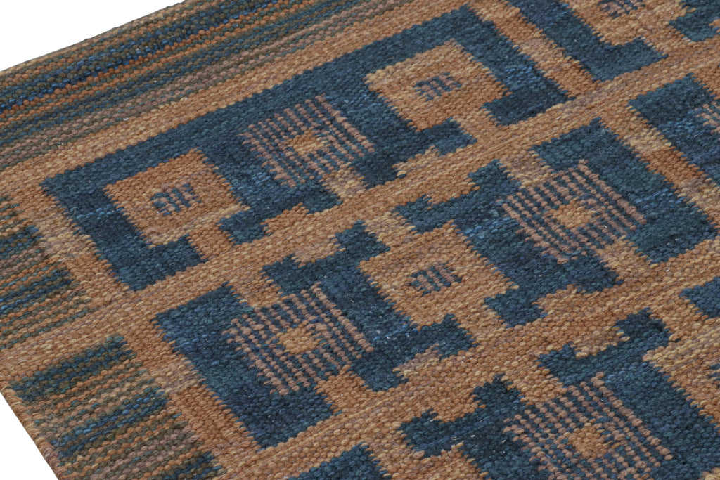 Scandinavian Rug With Navy Blue And Brown Geometric Patterns