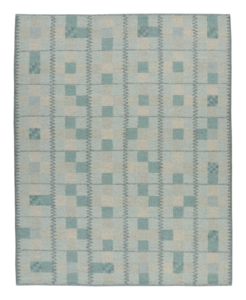 Scandinavian Rug In Teal Blue Tones With Geometric Patterns