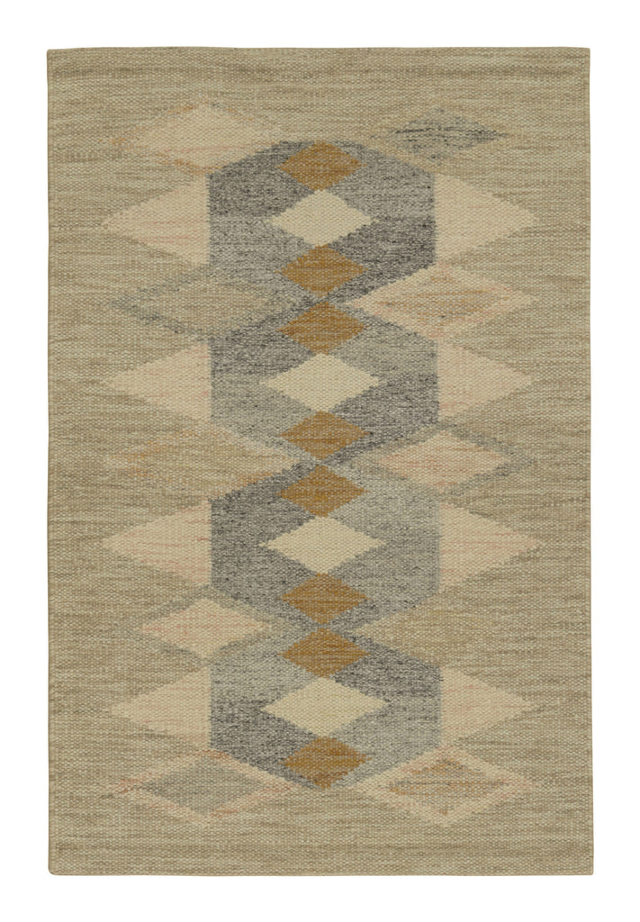 Scandinavian Rug In Beige And Gray With Blue Geometric Patterns