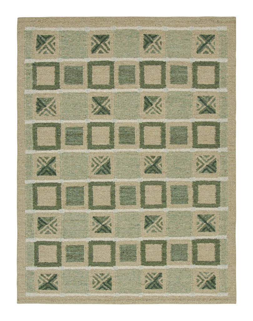 Scandinavian Rug With Green And Beige-Brown Geometric Patterns