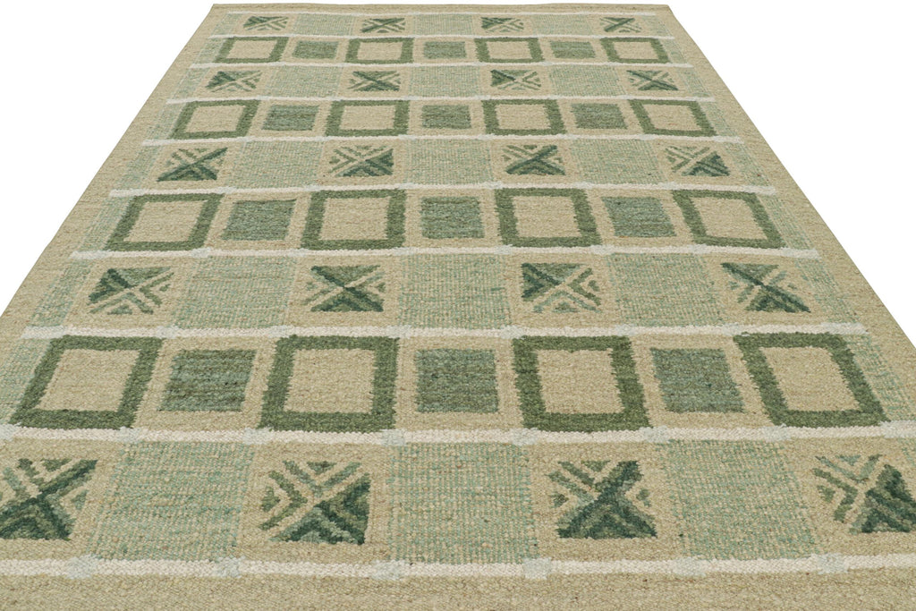 Scandinavian Rug With Green And Beige-Brown Geometric Patterns