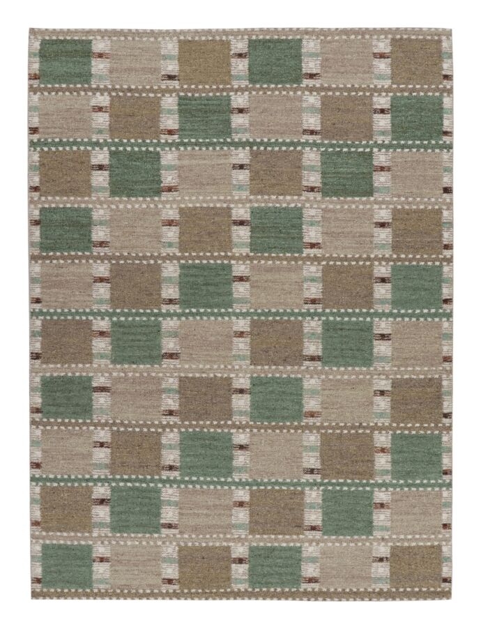 Scandinavian Rug In Green And Beige Brown With Geometric Patterns