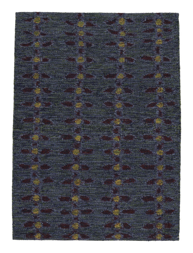 Scandinavian Rug In Indigo With Red And Yellow Floral Patterns