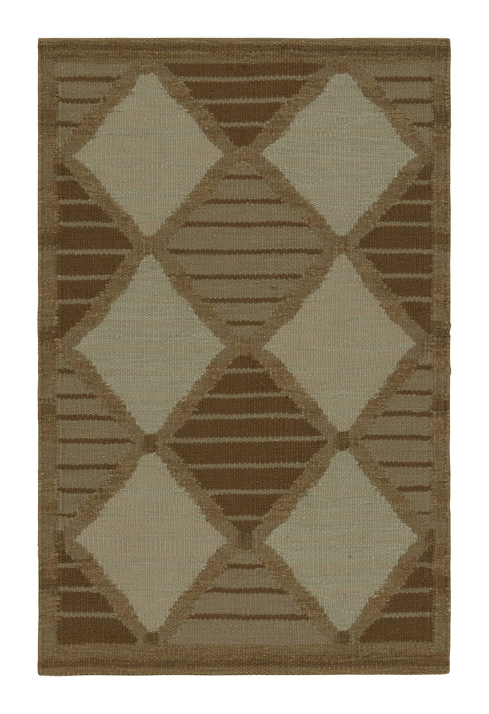 Scandinavian Rug With Beige & Taupe Diamonds And Geometric Stripes