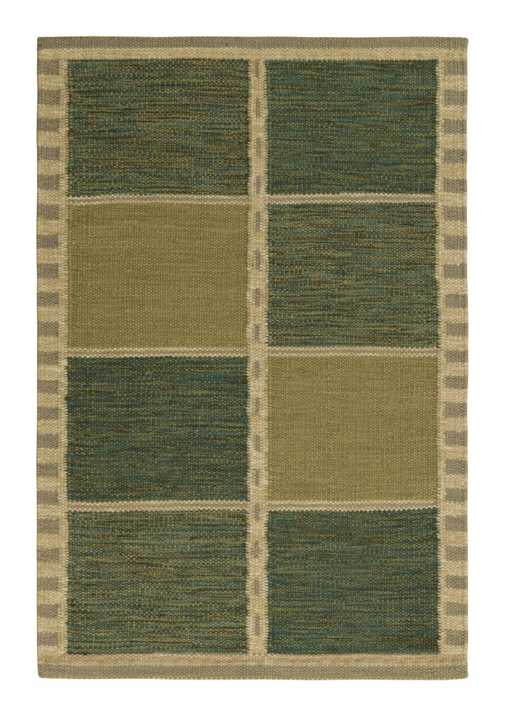 Scandinavian Rug In Green And Beige With Geometric Patterns