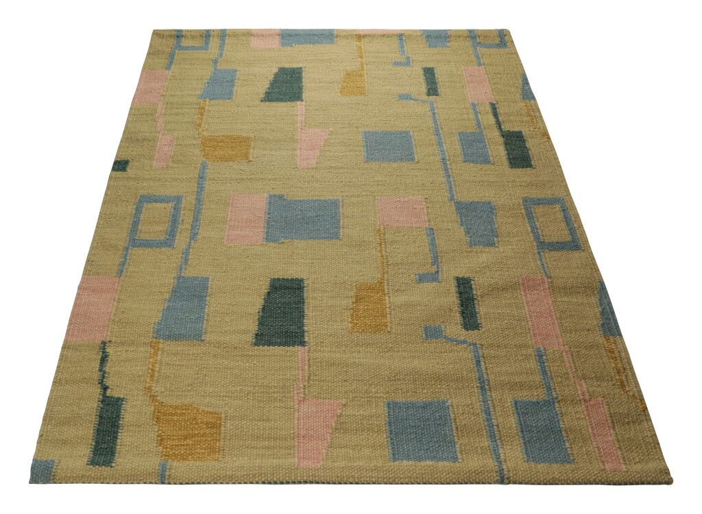 Scandinavian Rug In Gold, With Blue And Pink Geometric Patterns