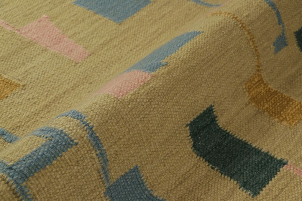 Scandinavian Rug In Gold, With Blue And Pink Geometric Patterns