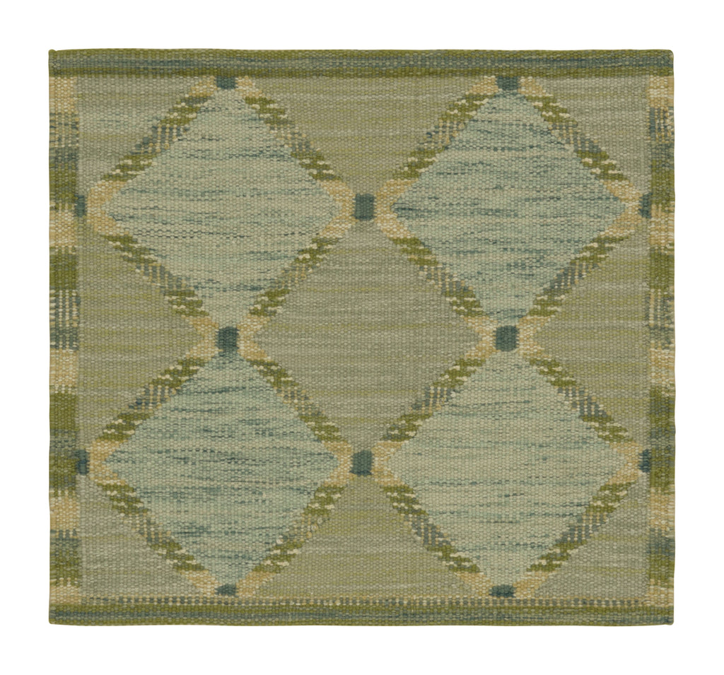 Scandinavian Square Rug In Blue And Green With Geometric Patterns