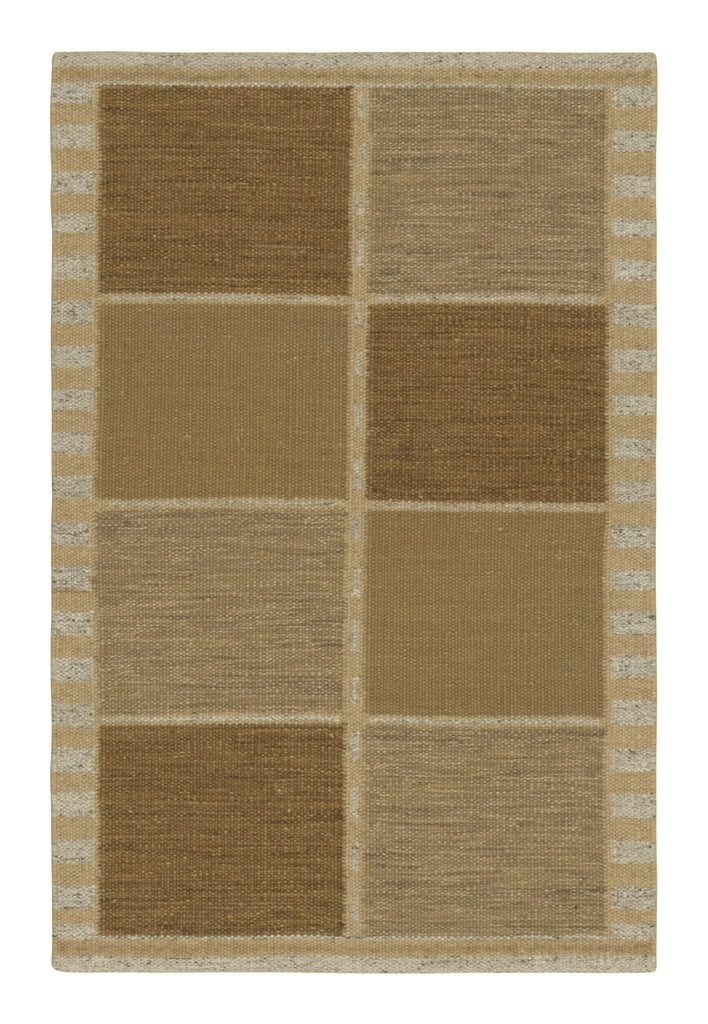 Scandinavian Rug In Beige Brown With Blue Geometric Patterns