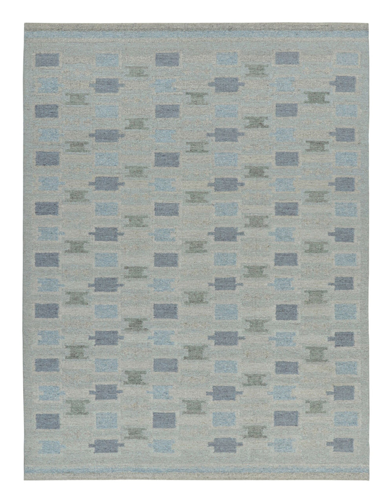 Scandinavian Rug In Blue Tones With Geometric Patterns 10×14