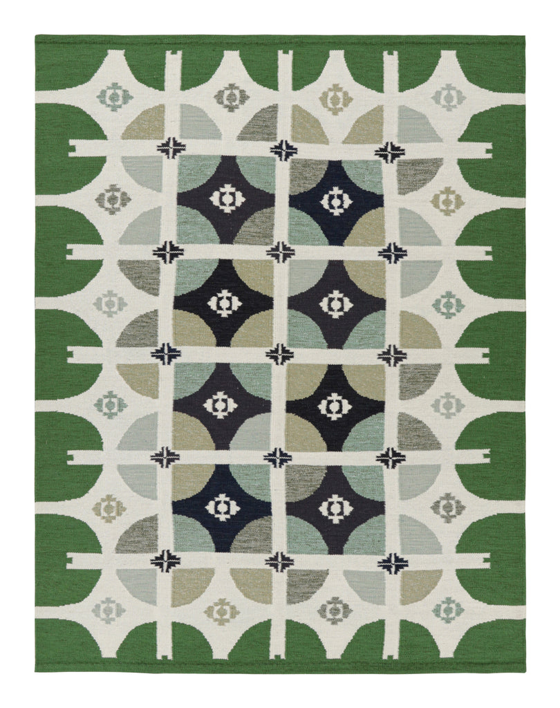 Scandinavian Kilim With Green White & Black Geometric Patterns 9X11