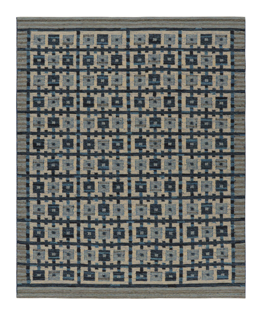 Scandinavian Rug In Blue And Beige Brown Geometric Pattern