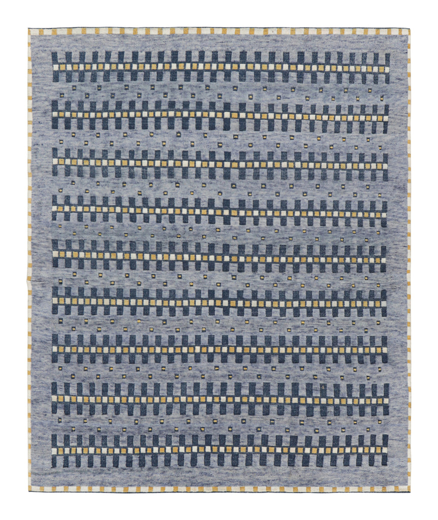 Scandinavian Rug in Blue, Gold and Off-White Geometric Patterns