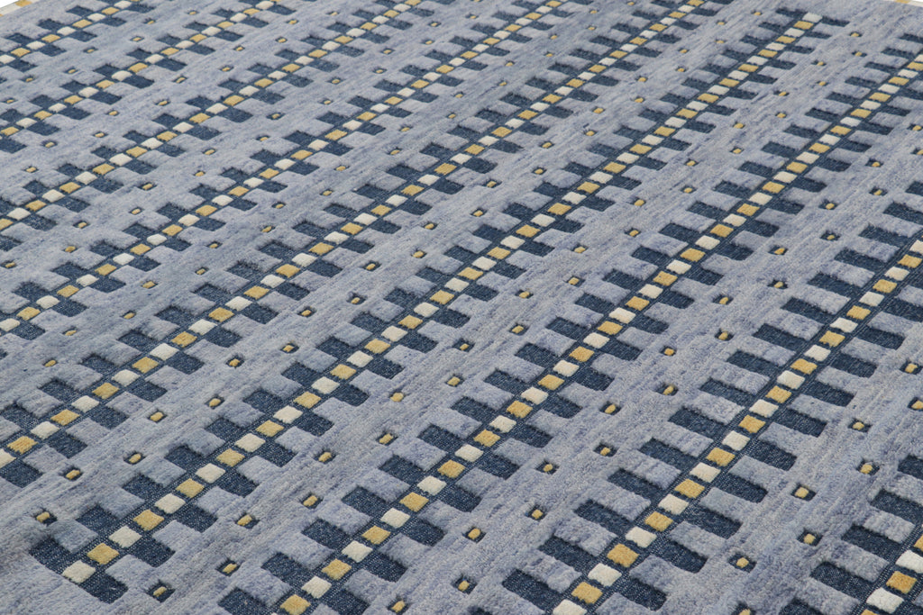 Scandinavian Rug in Blue, Gold and Off-White Geometric Patterns