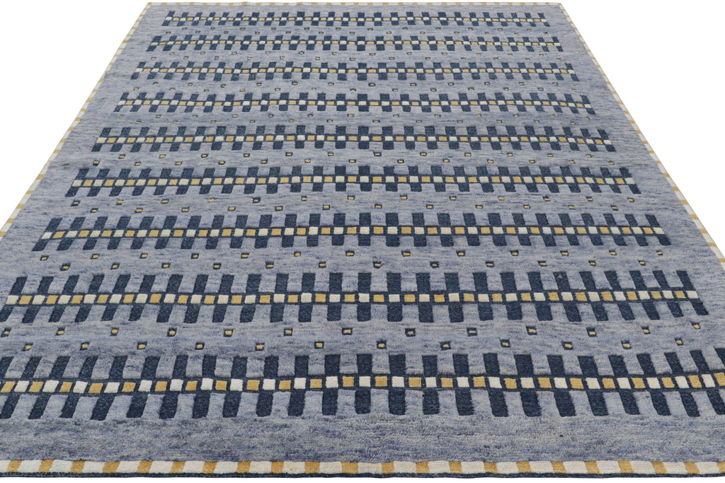 Scandinavian Rug in Blue, Gold and Off-White Geometric Patterns