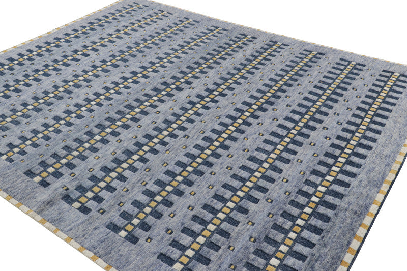 Scandinavian Rug in Blue, Gold and Off-White Geometric Patterns