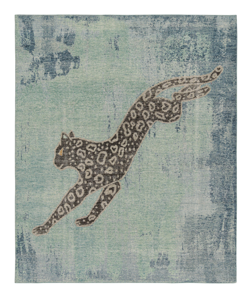 Modern Distressed Rug in Green and Blue with Leopard Pictorial