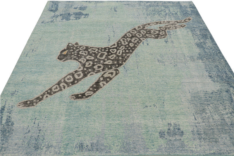 Modern Distressed Rug in Green and Blue with Leopard Pictorial