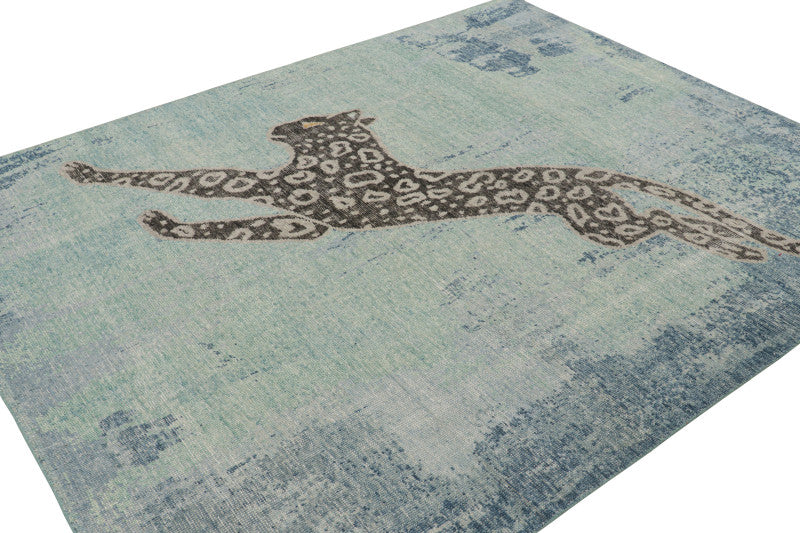 Modern Distressed Rug in Green and Blue with Leopard Pictorial