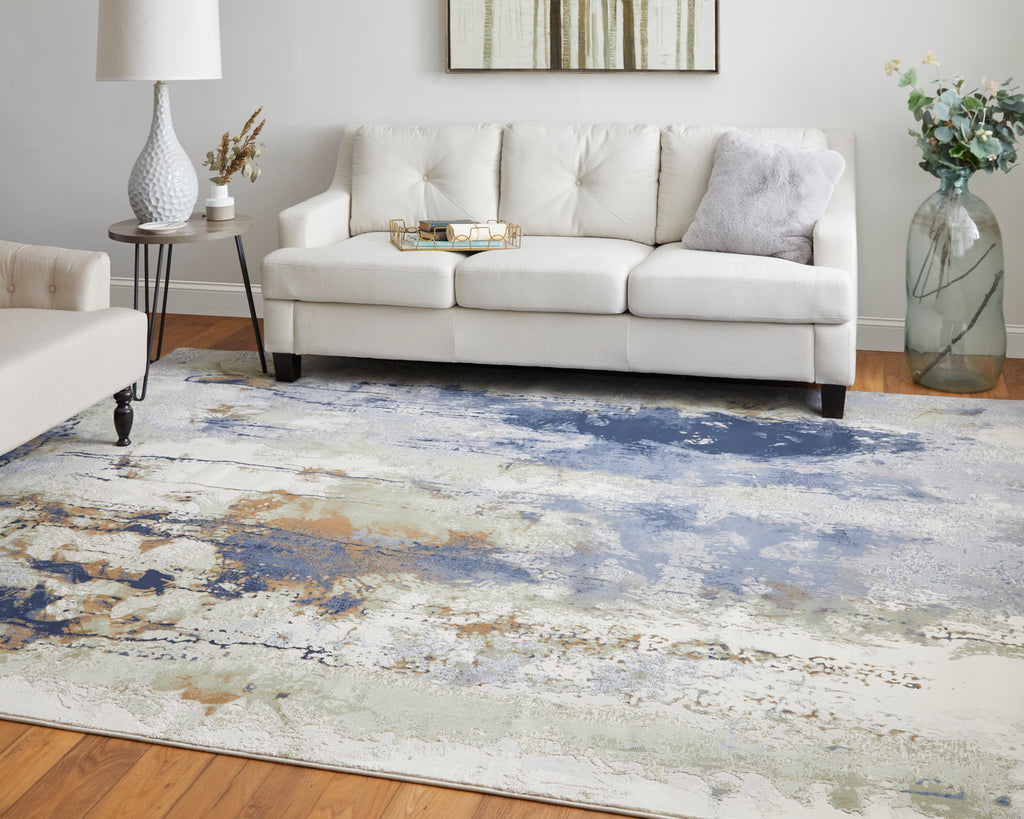 Clio Modern Abstract Blue Orange Ivory Area Rug (2'9" x 7'10")