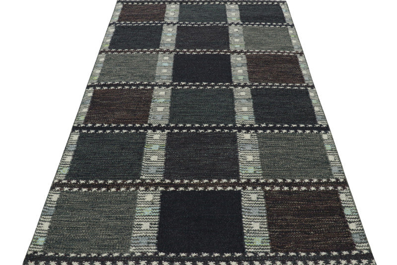 Scandinavian Rug in Gray and Blue, with Geometric Patterns