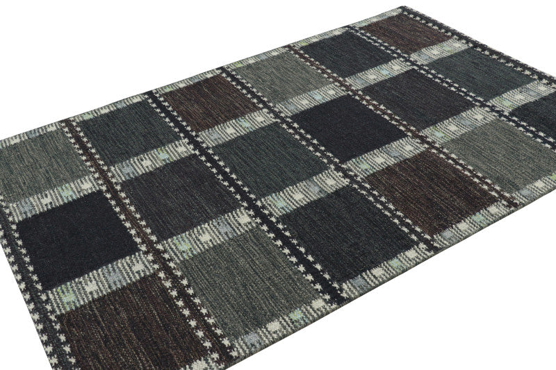 Scandinavian Rug in Gray and Blue, with Geometric Patterns