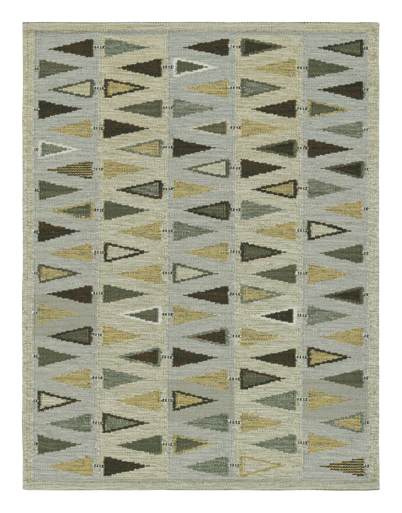 Scandinavian Rug in Green, Beige and Blue Geometric Pattern