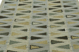 Scandinavian Rug in Green, Beige and Blue Geometric Pattern