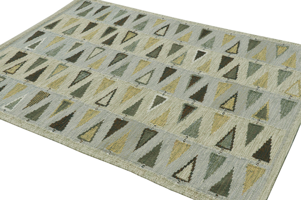 Scandinavian Rug in Green, Beige and Blue Geometric Pattern