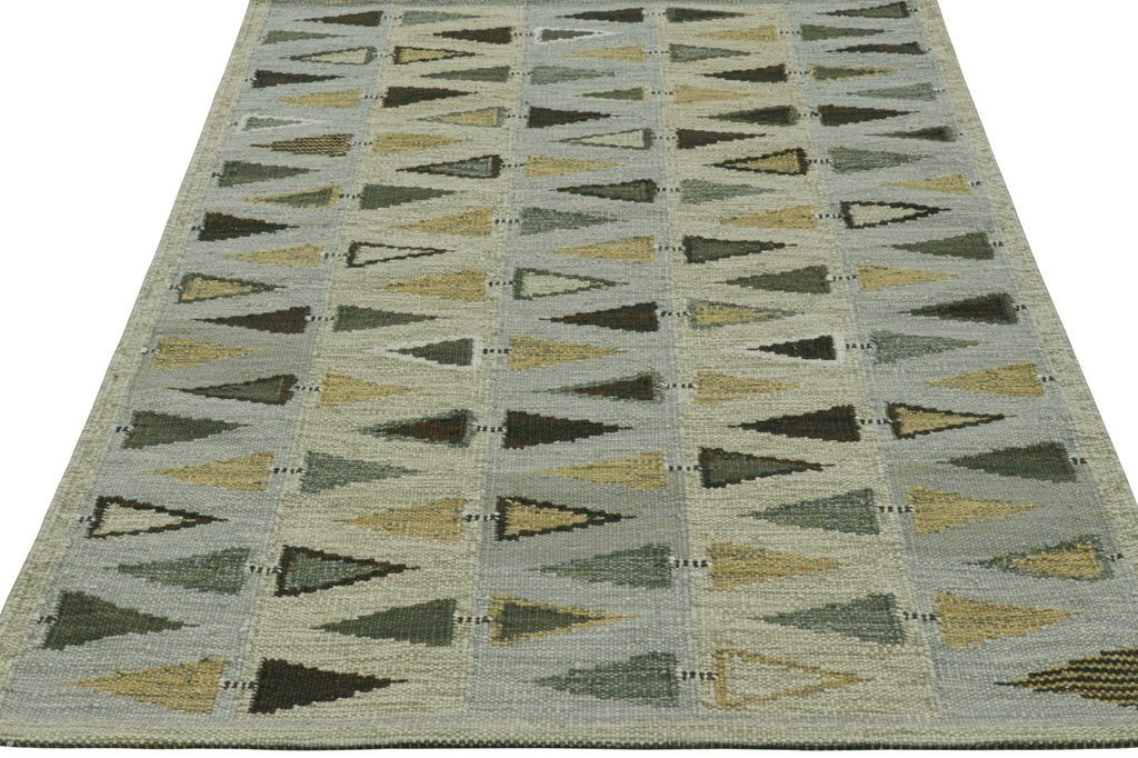 Scandinavian Rug in Green, Beige and Blue Geometric Pattern