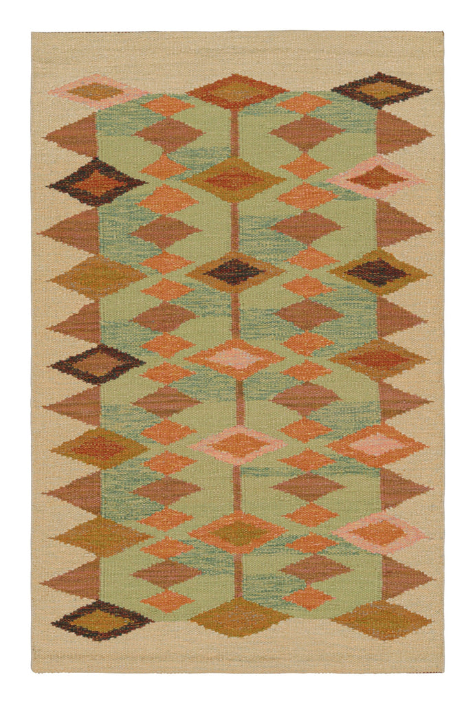 Scandinavian Rug in Beige, Green and Blue Geometric Patterns