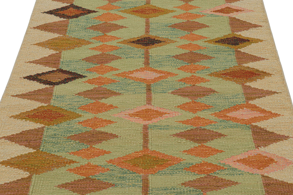 Scandinavian Rug in Beige, Green and Blue Geometric Patterns