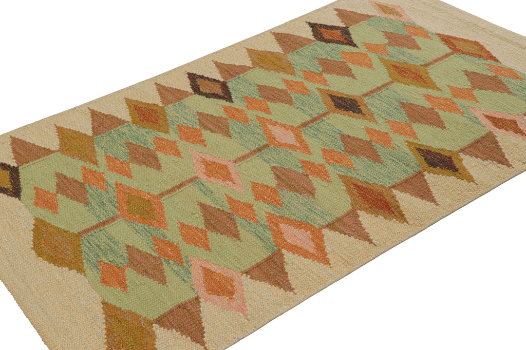 Scandinavian Rug in Beige, Green and Blue Geometric Patterns