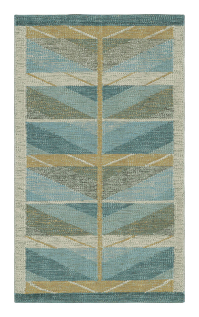 Scandinavian Rug in Blue and Green with Chevron Patterns