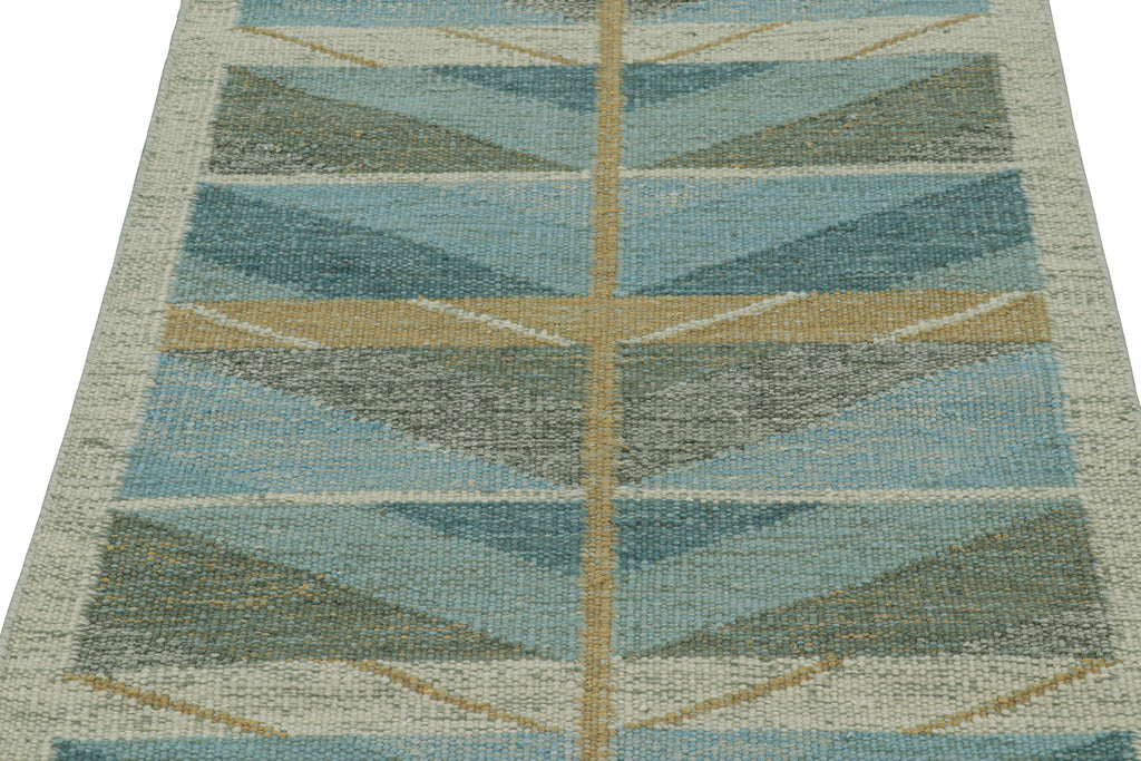 Scandinavian Rug in Blue and Green with Chevron Patterns