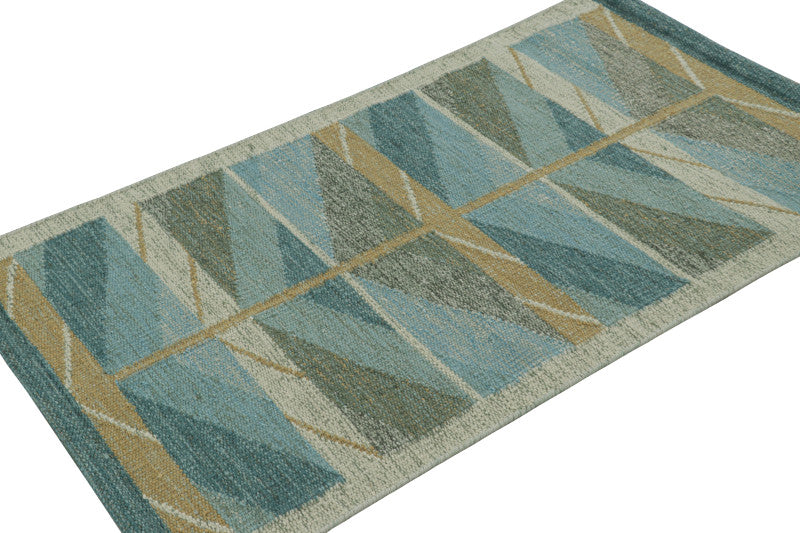 Scandinavian Rug in Blue and Green with Chevron Patterns