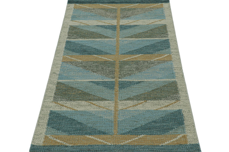 Scandinavian Rug in Blue and Green with Chevron Patterns