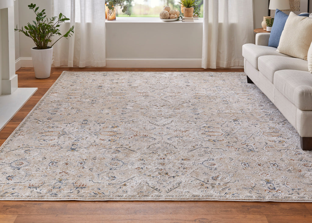 Pasha Transitional Distressed Taupe Ivory Blue Area Rug (6'7" x 9'6")