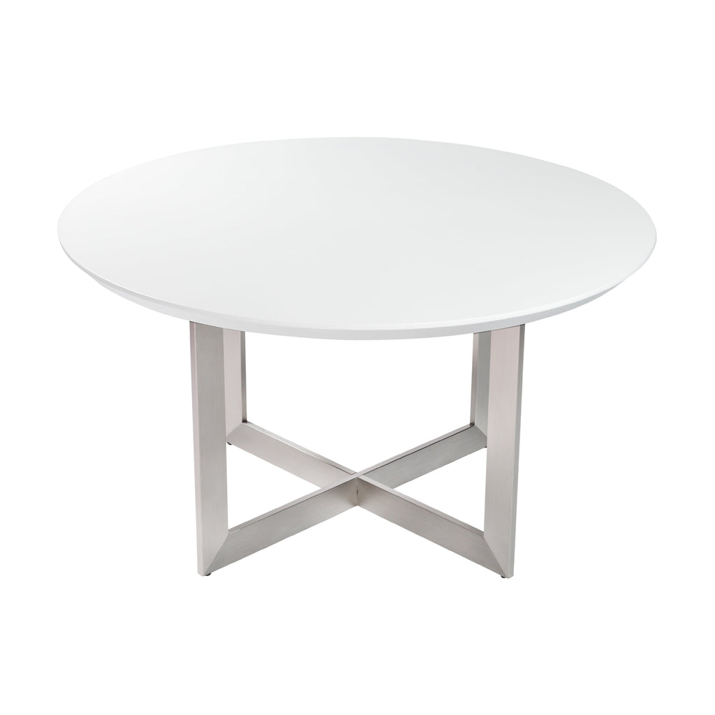 Tosca 54-inch Round Dining Table - Matte White/Brushed Stainless Steel