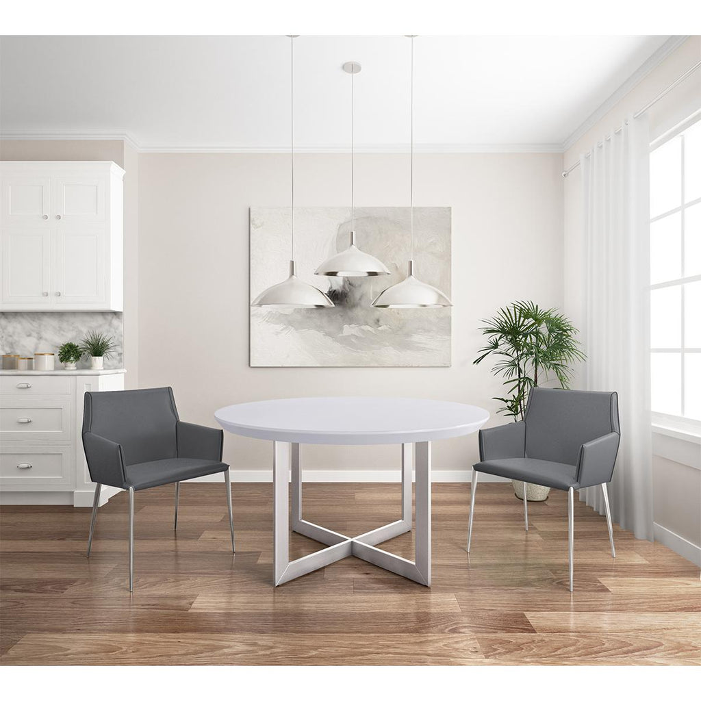 Tosca 54-inch Round Dining Table - Matte White/Brushed Stainless Steel