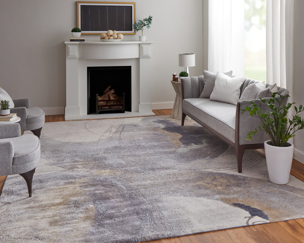 Haywood Modern Abstract Taupe Blue Gold Area Rug (8'6" x 11'6")