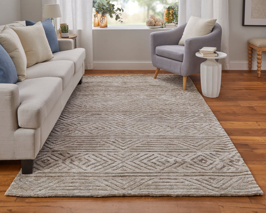 Colton Modern Geometric Tan Ivory Brown Area Rug (9'6" x 13'6")