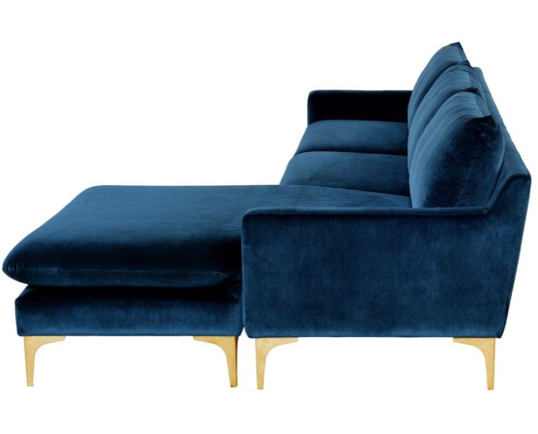 Anders Sectional Sofa - Midnight Blue with Brushed Gold Legs, 117.8in